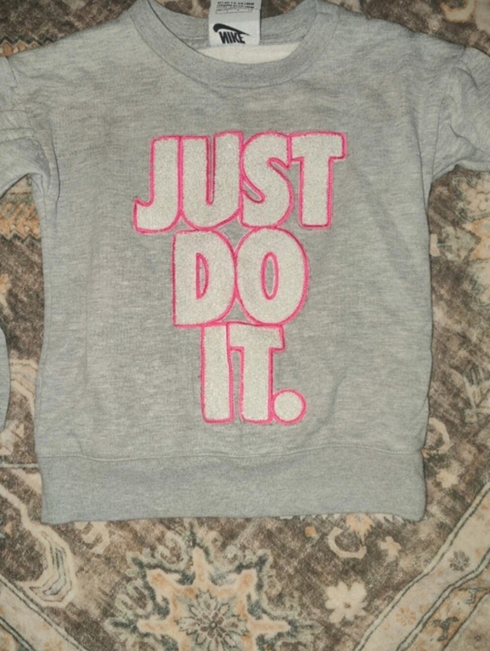 Nike Gray Sweatshirt with Pink-Outlined "JUST DO IT." Graphic